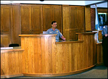 A reception desk with various heights